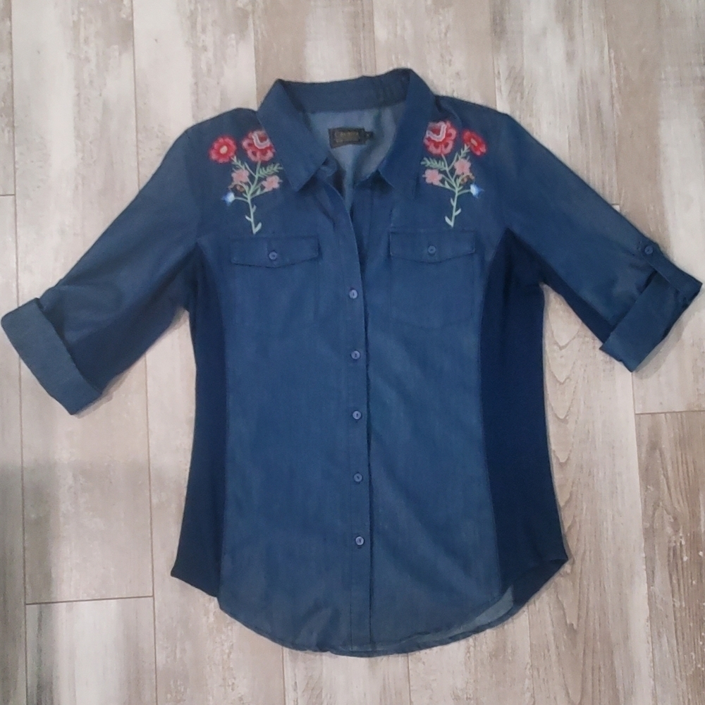 𝅺cavalini Embroidered Denim Top